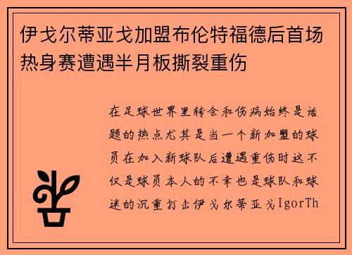 伊戈尔蒂亚戈加盟布伦特福德后首场热身赛遭遇半月板撕裂重伤