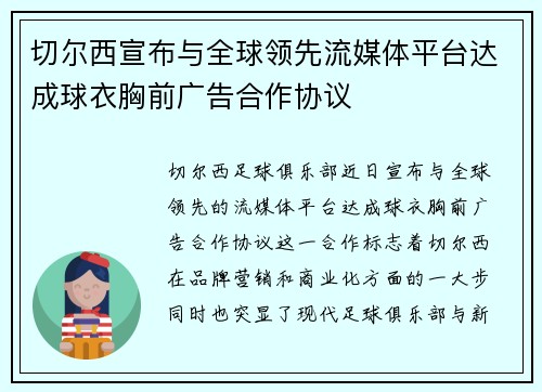 切尔西宣布与全球领先流媒体平台达成球衣胸前广告合作协议